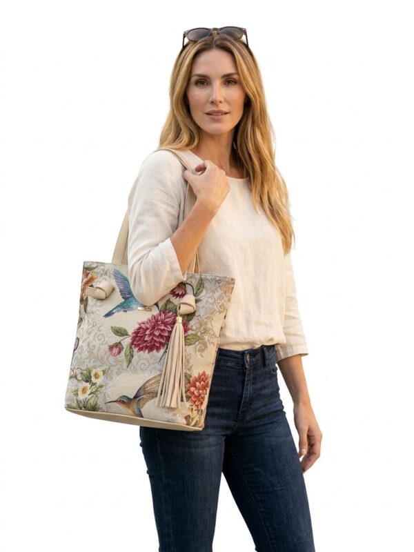 Bolso Tote Presency: Elegancia Floral y Colibrí