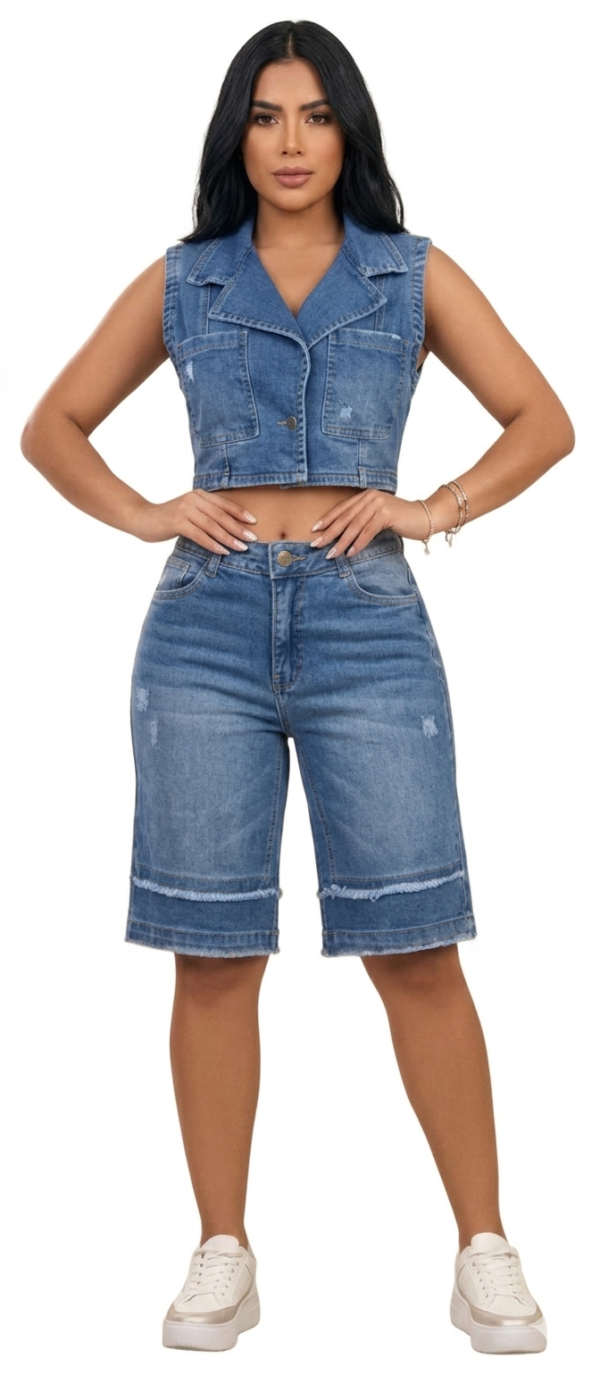 Set Denim Urbano: Chaleco Crop & Bermuda Distressed