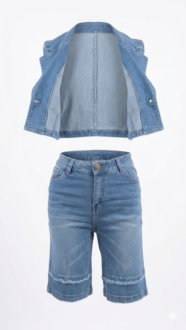 Set Denim Urbano: Chaleco Crop & Bermuda Distressed