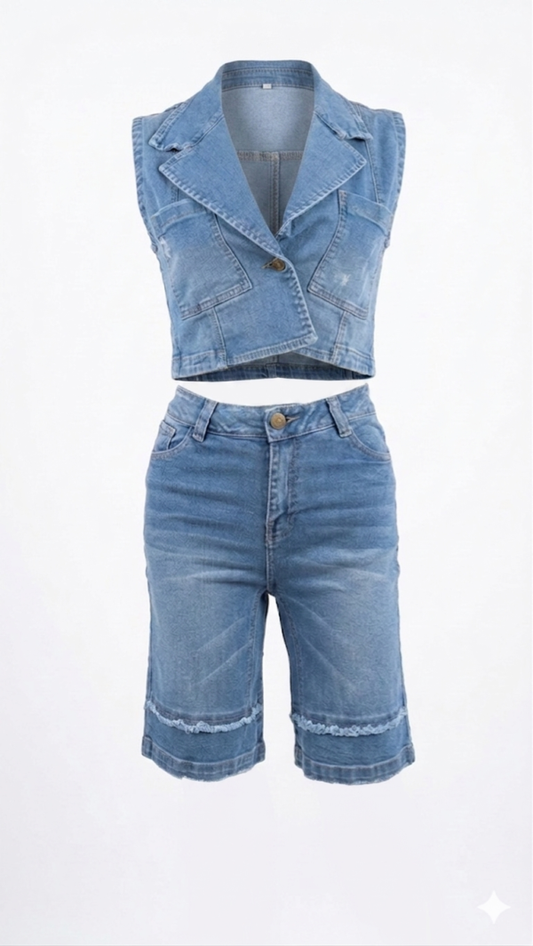 Set Denim Urbano: Chaleco Crop & Bermuda Distressed
