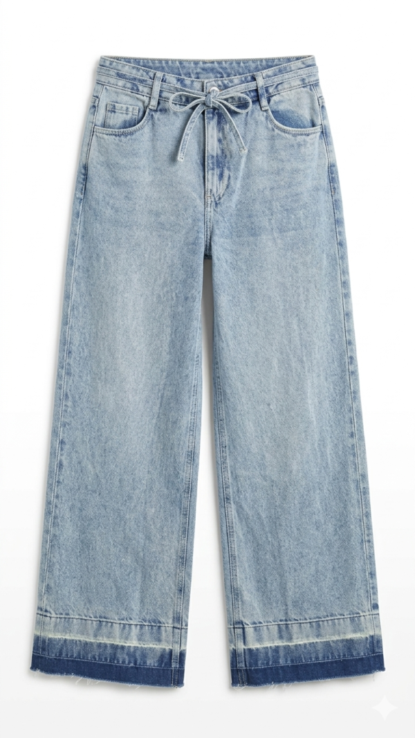 Jeans de pernera ancha con cinturón de lazo en azul claro lavado