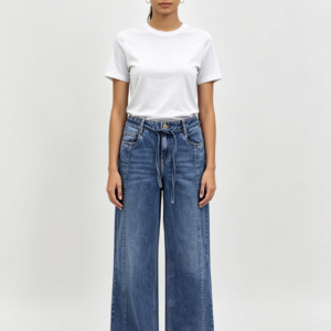 Jeans  De Tiro Alto Con Lazo y Corte Ancho- Azul Clasico
