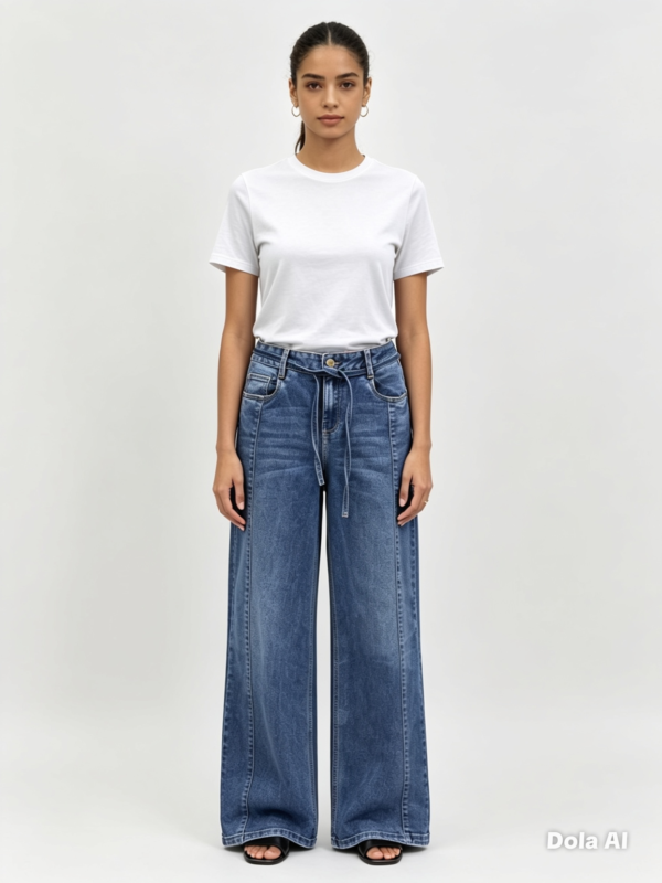 Jeans  De Tiro Alto Con Lazo y Corte Ancho- Azul Clasico