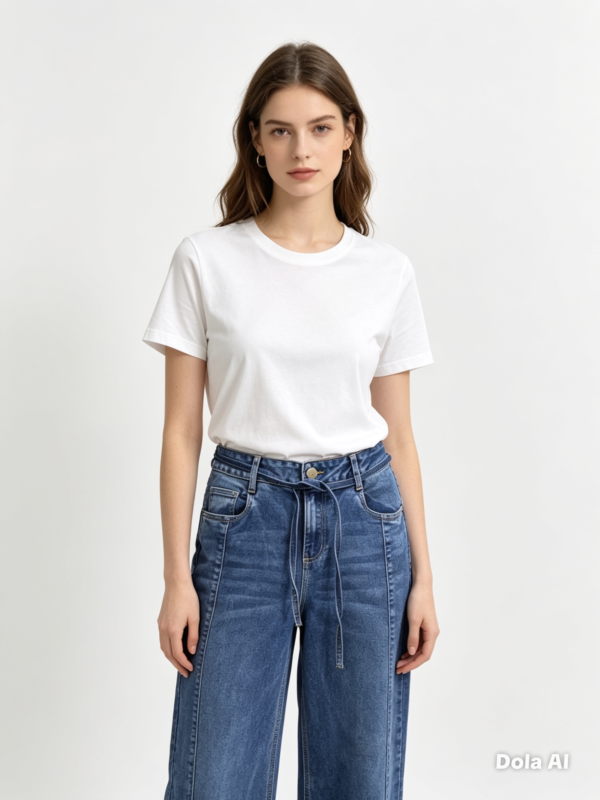 Jeans  De Tiro Alto Con Lazo y Corte Ancho- Azul Clasico
