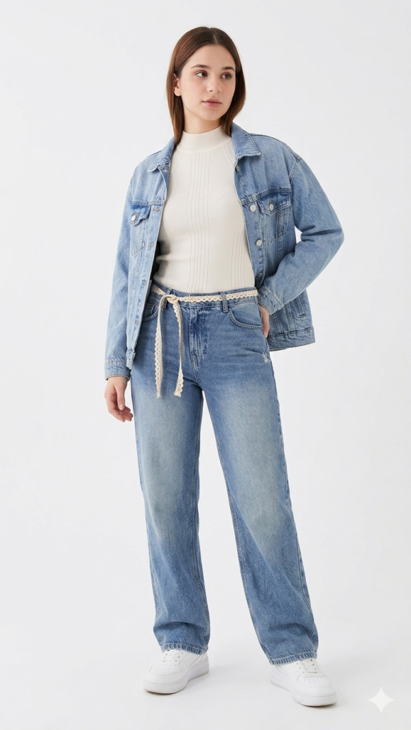 Jean Wide Leg con Cinturón de Encaje y Detalles Distressed