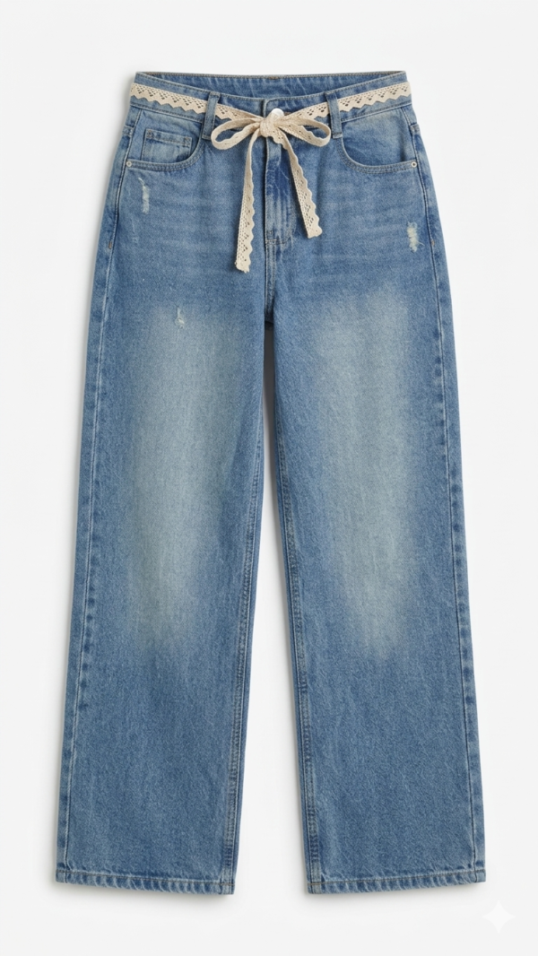 Jean Wide Leg con Cinturón de Encaje y Detalles Distressed