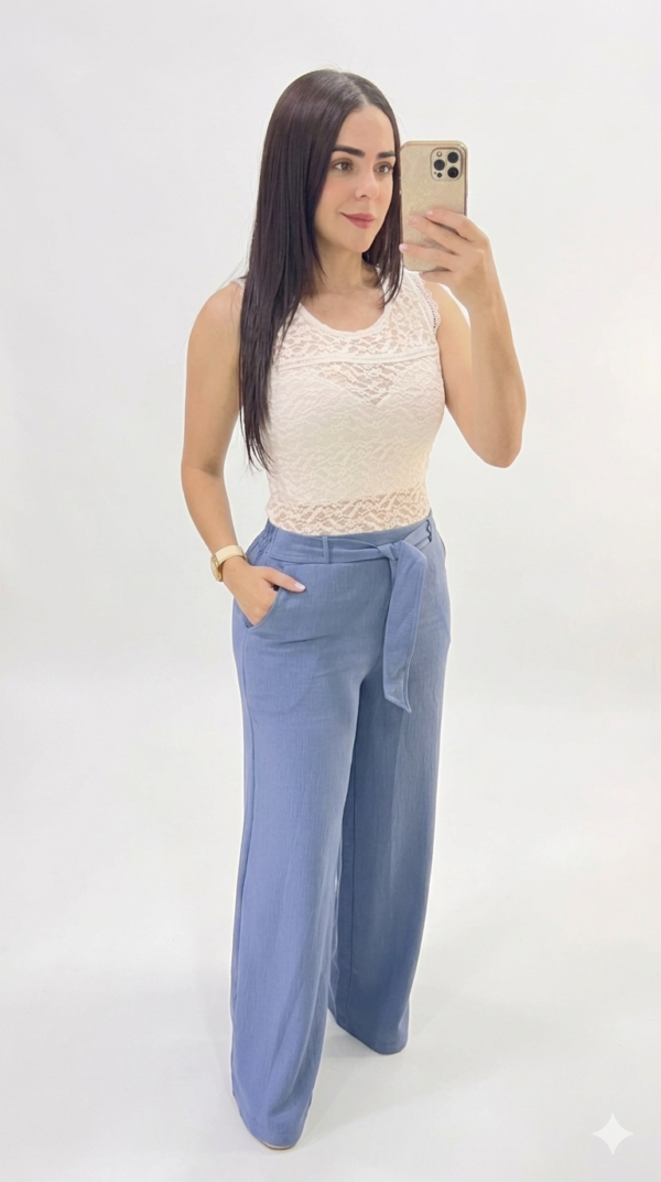 Pantalón Fluido con Cintura Ajustable y Lazo – Azul Petróleo