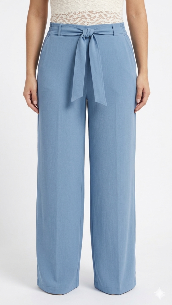 Pantalón Fluido con Cintura Ajustable y Lazo – Azul Petróleo
