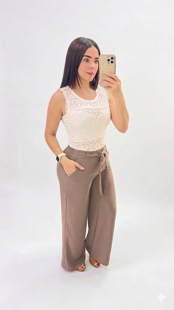 Pantalón Fluido con Cintura Ajustable y Lazo – Marron topo