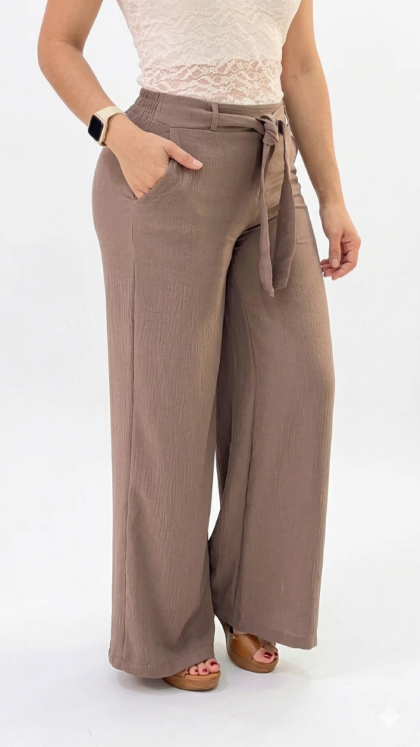 Pantalón Fluido con Cintura Ajustable y Lazo – Marron topo