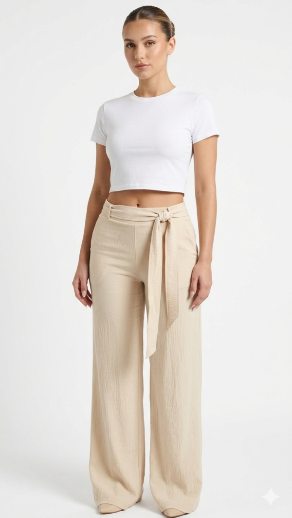 Pantalón Fluido con Cintura Ajustable y Lazo – Beige