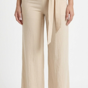 Pantalón Fluido con Cintura Ajustable y Lazo – Beige