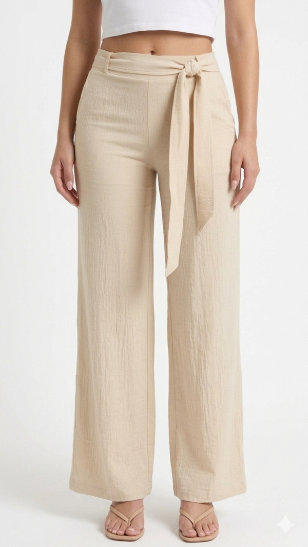 Pantalón Fluido con Cintura Ajustable y Lazo – Beige