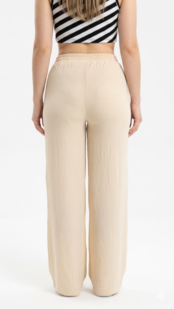 Pantalón Fluido con Cintura Ajustable y Lazo – Beige