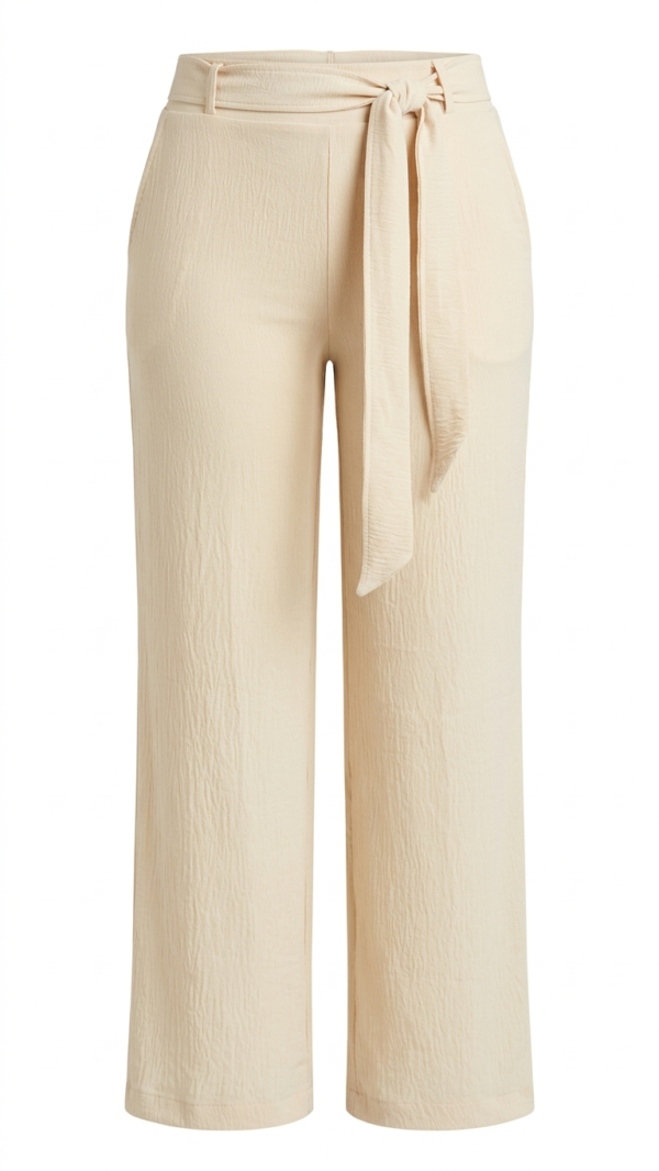 Pantalón Fluido con Cintura Ajustable y Lazo – Beige