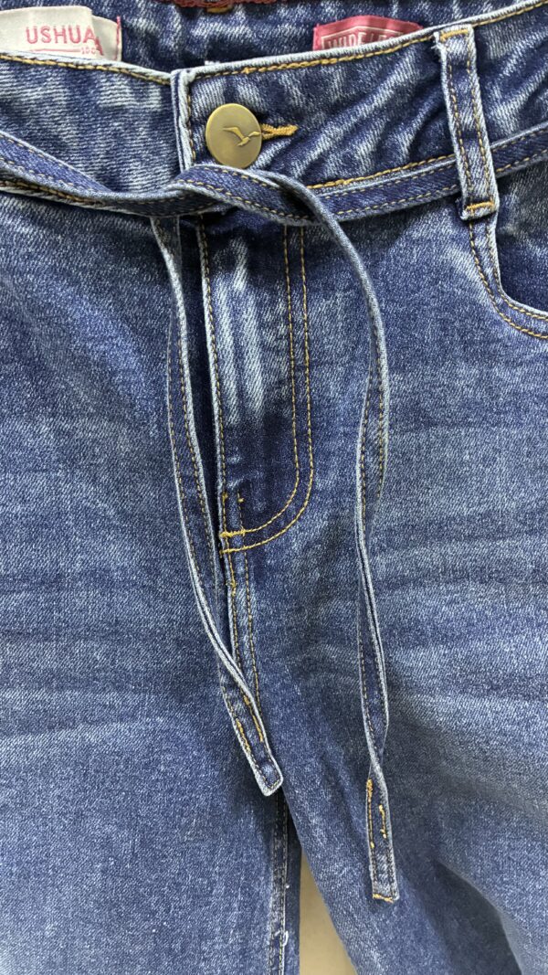 Jeans  De Tiro Alto Con Lazo y Corte Ancho- Azul Clasico