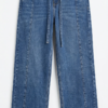 Jeans  De Tiro Alto Con Lazo y Corte Ancho- Azul Clasico