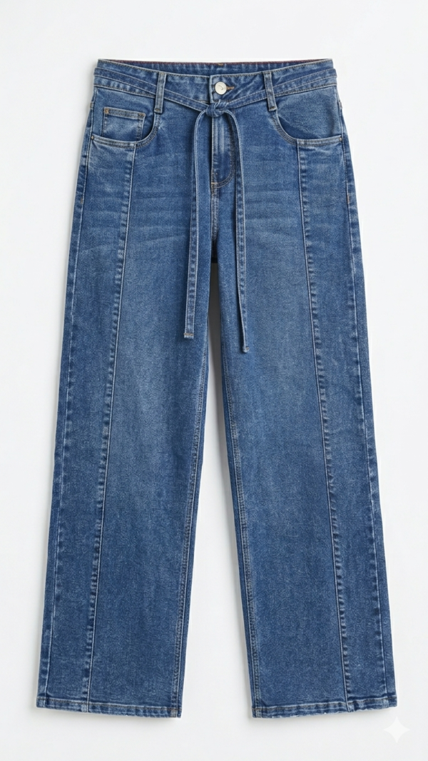 Jeans  De Tiro Alto Con Lazo y Corte Ancho- Azul Clasico