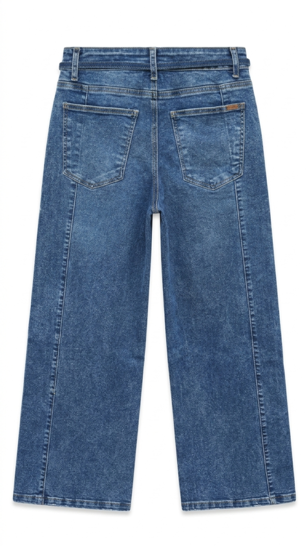 Jeans  De Tiro Alto Con Lazo y Corte Ancho- Azul Clasico