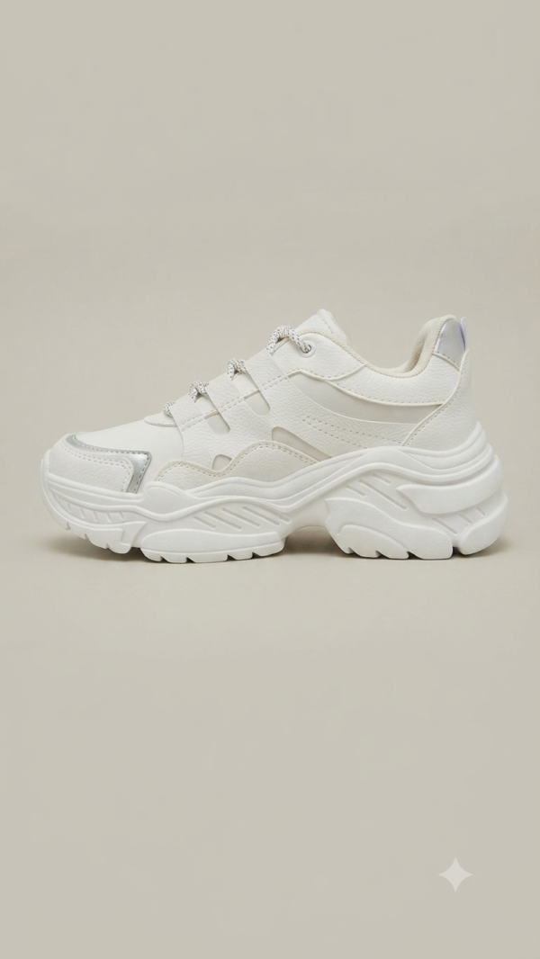 Tenis Chunkys Blancos con Detalles Metalizados y Agujetas Bicolor