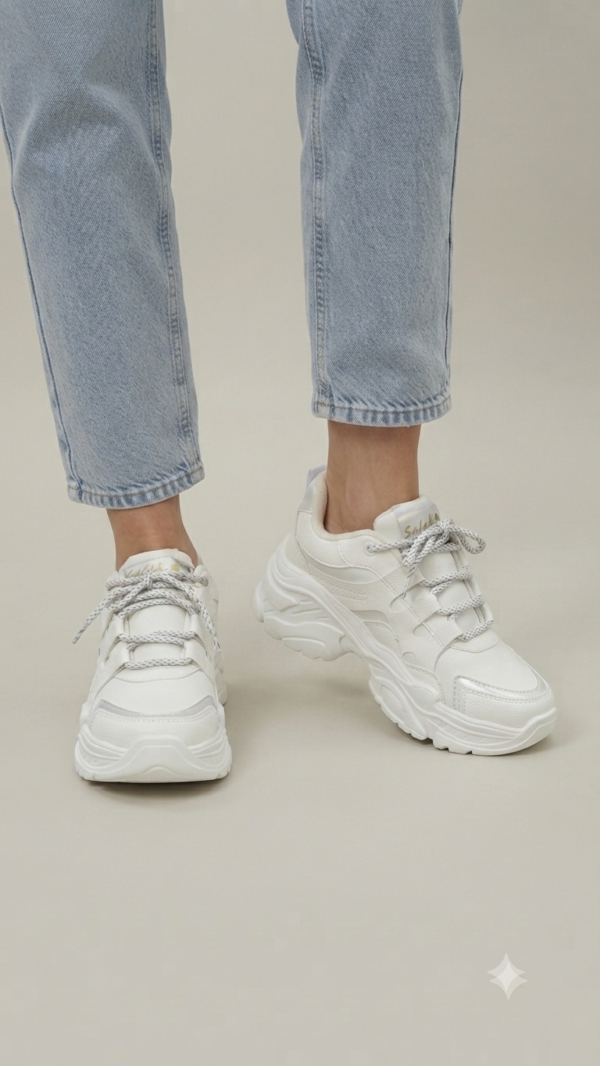 Tenis Chunkys Blancos con Detalles Metalizados y Agujetas Bicolor
