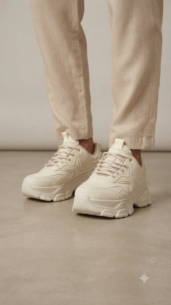 Tenis Chunkys Tono Crema con Diseño de Capas y Agujetas Tejidas