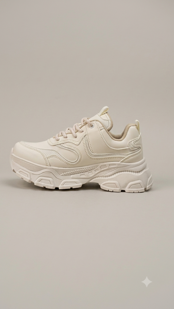 Tenis Chunkys Tono Crema con Diseño de Capas y Agujetas Tejidas